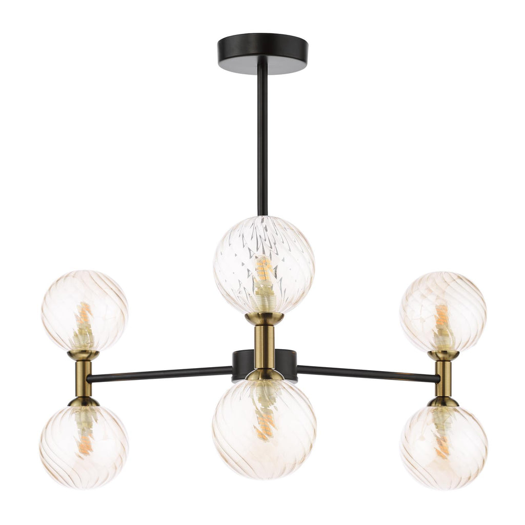 TAK0654-25 Takara 6 Light Semi-Flush Matt Black and Bronze With Twisted Amber Glass