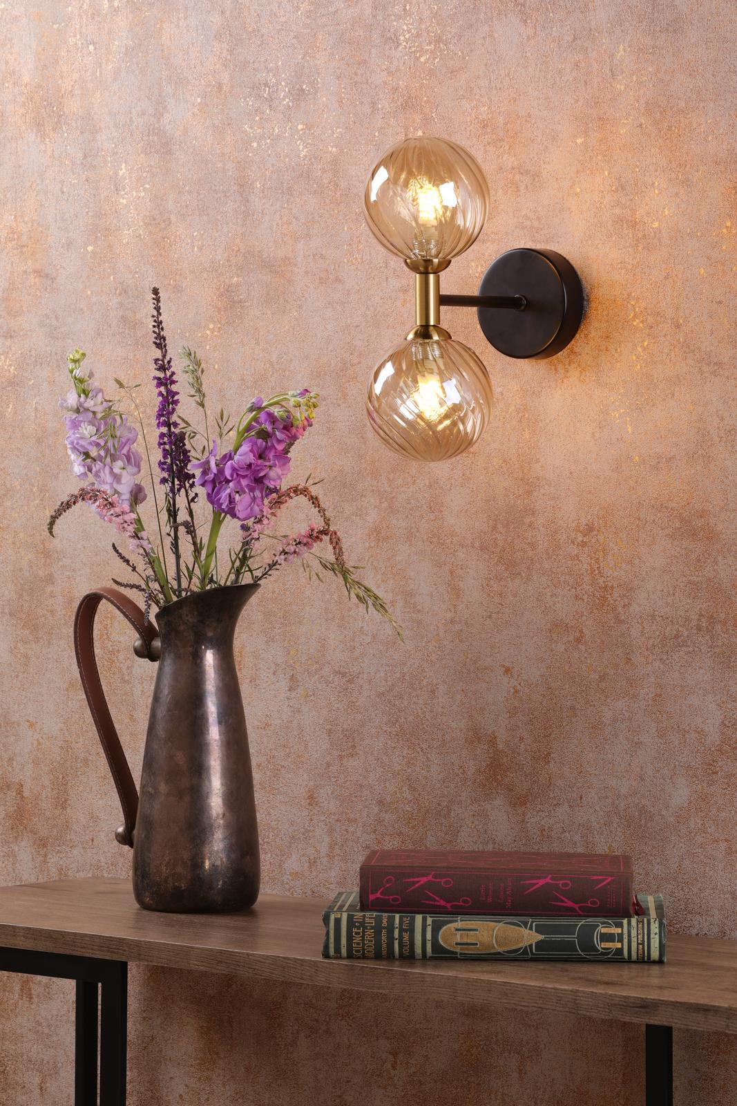 TAK0954-25 Takara 2 Light Wall Light Matt Black and Bronze With Twisted Amber Glass