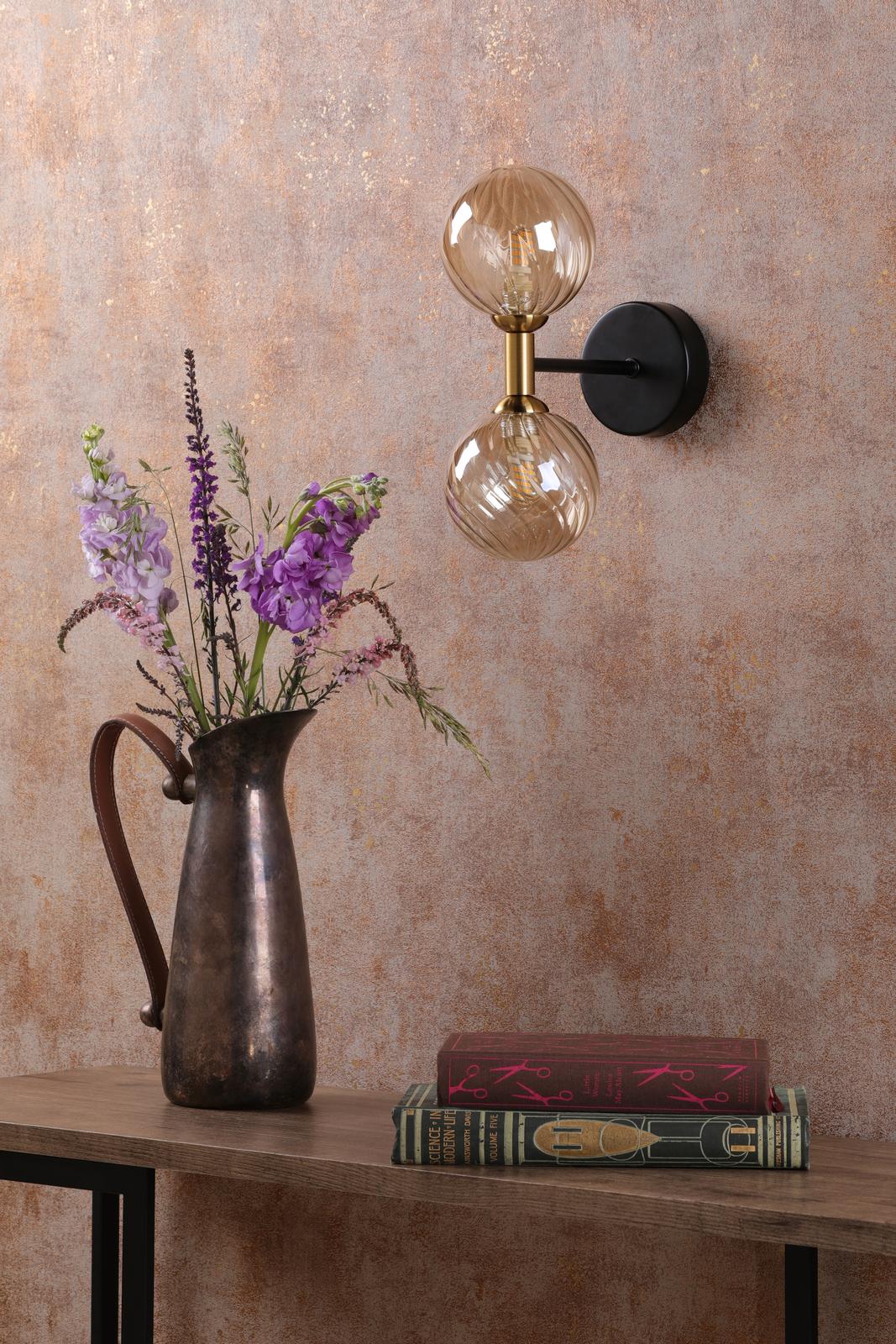 TAK0954-25 Takara 2 Light Wall Light Matt Black and Bronze With Twisted Amber Glass