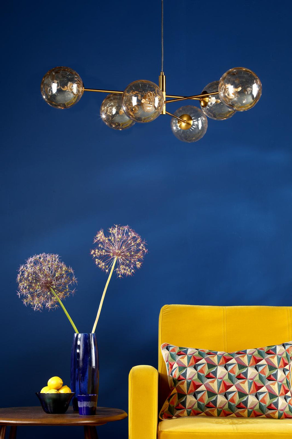 VIG0645-11 Vignette 6 Light Pendant Aged Brass With Amber Dimpled Glass