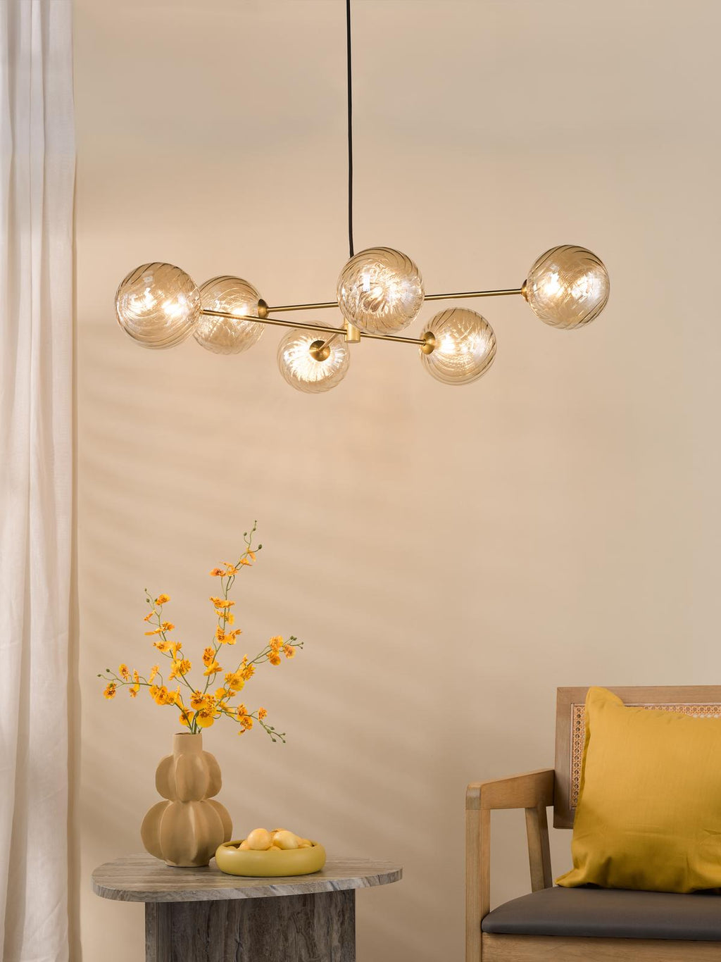 VIG0645-26 Vignette 6 Light Pendant Aged Brass With Twisted Amber Glass