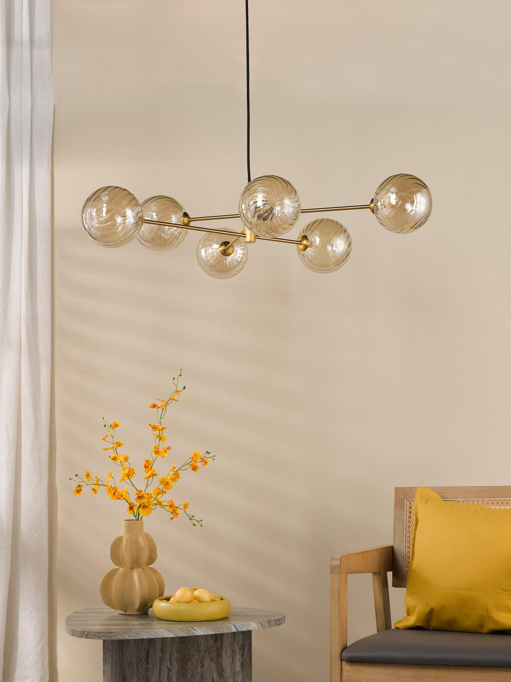 VIG0645-26 Vignette 6 Light Pendant Aged Brass With Twisted Amber Glass