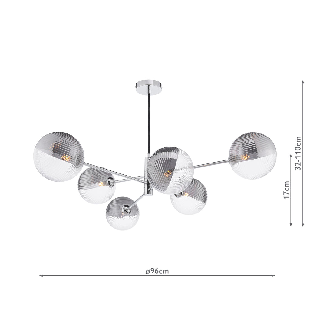 VIG0650-19 Vignette 6 Light Pendant Polished Chrome With Smoked/Clear Ribbed Glass
