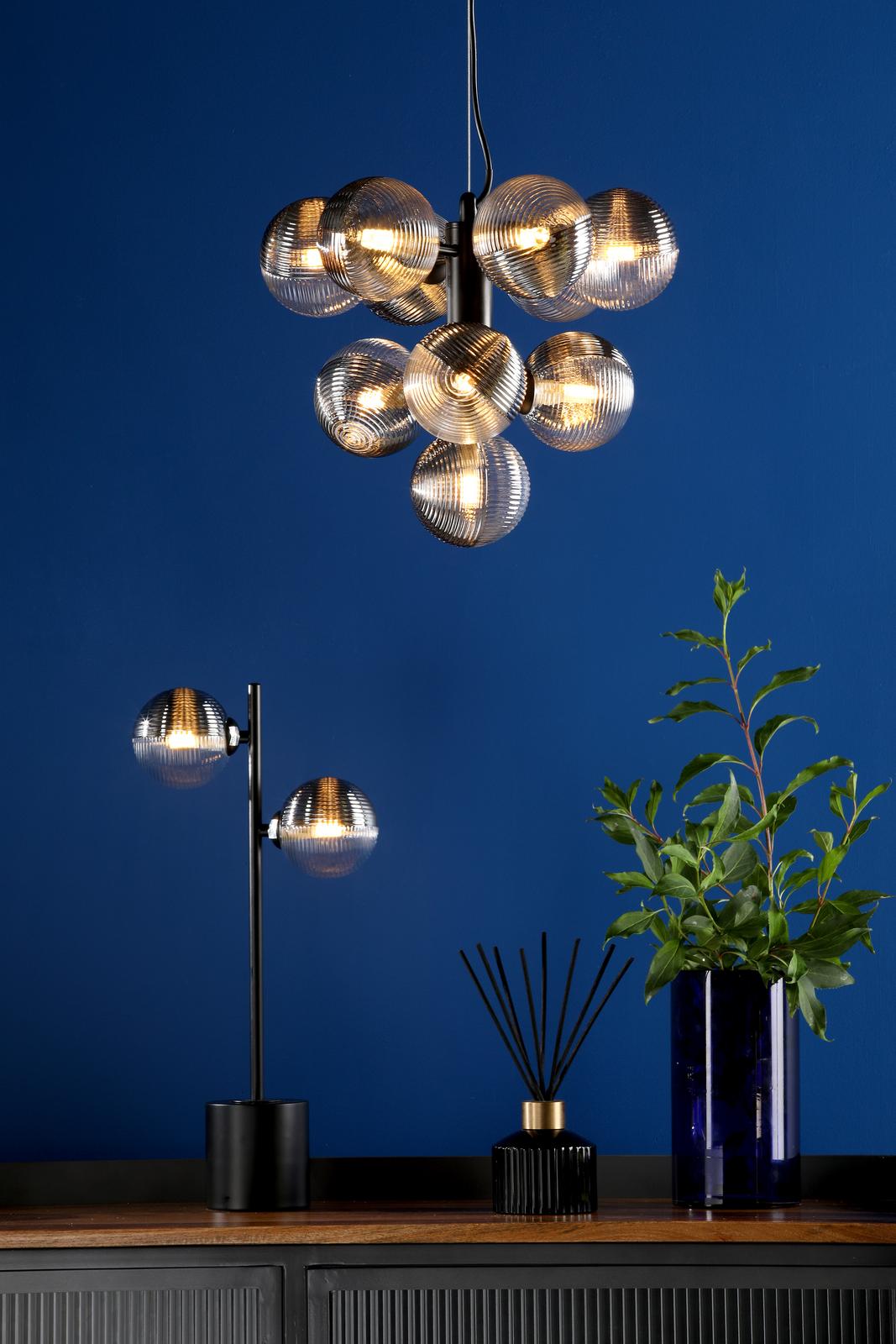 VIN2322-18 Vine 10 Light Pendant Satin Black With Smoked/Clear Ribbed Glass