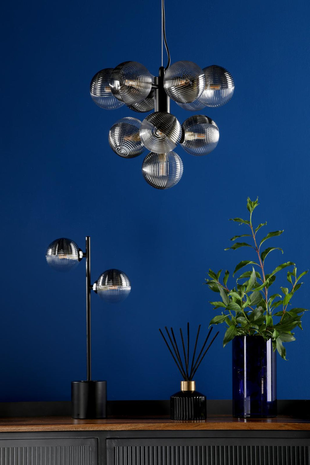 VIN2322-18 Vine 10 Light Pendant Satin Black With Smoked/Clear Ribbed Glass