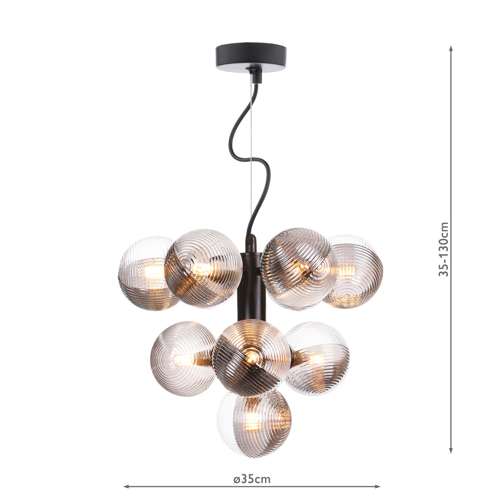 VIN2322-18 Vine 10 Light Pendant Satin Black With Smoked/Clear Ribbed Glass