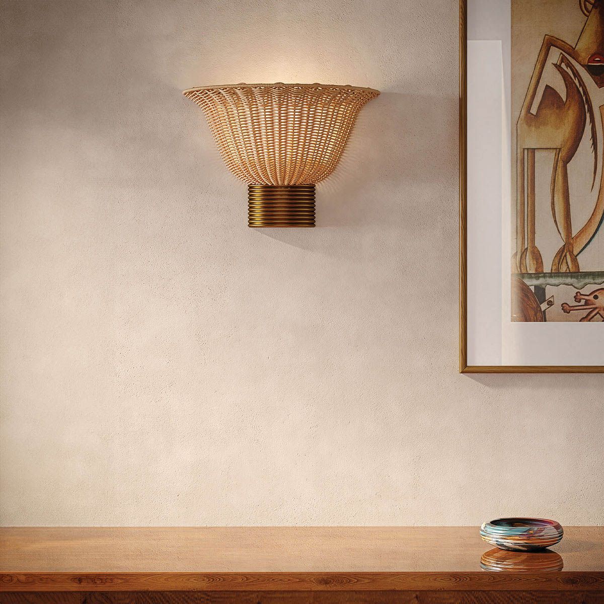 ALM-KAI-2WU-BG Kai 2 Light Wall Light  Brushed Gold & Rattan