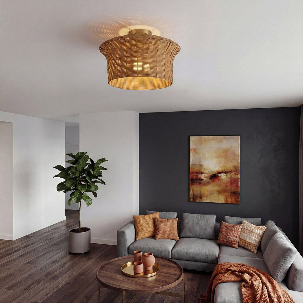 ALM-KAI-F-BG Kai 1 Light Flush Brushed Gold & Rattan