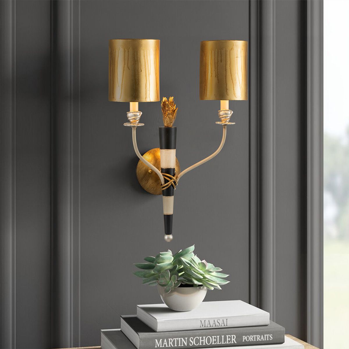 FB-FLAMBEAU2 Flambeau 2 Light Wall Light Gold and Black with Parchment Shades