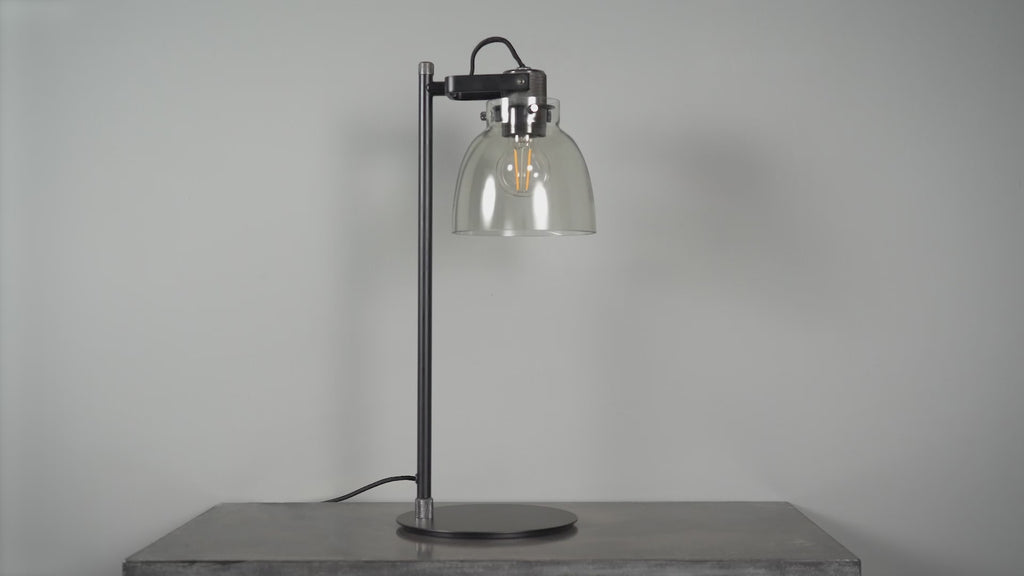 107012 1 Light Table Lamp Smokey Grey Tinted Glass & Black Chrome Plate