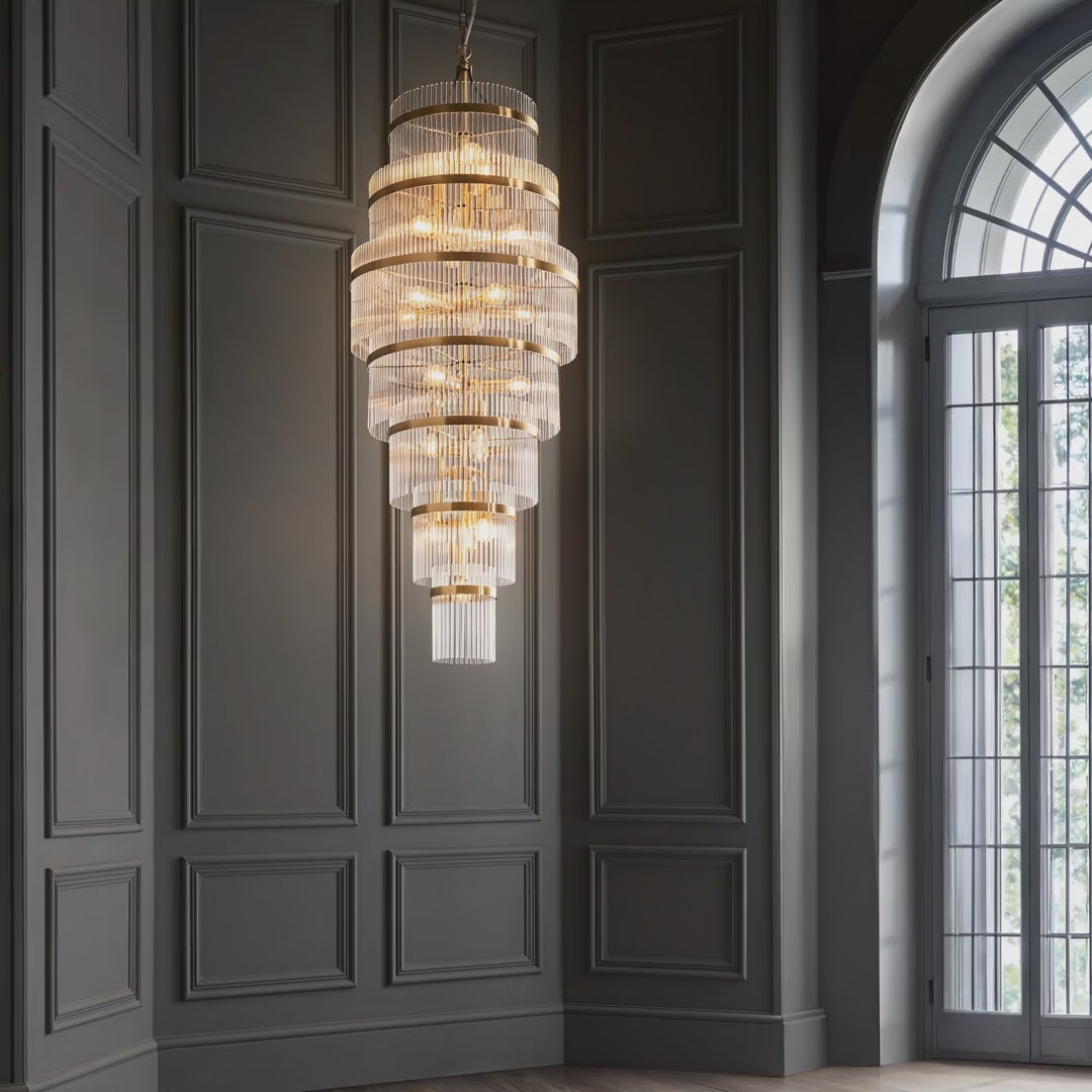 112793 Endon Marietta Grand 21 Light Tiered Pendant — Antique Brass & Clear Glass