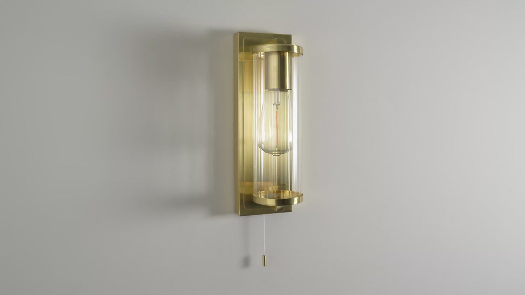 94075 Bathroom 1 Light Wall Light Satin Brass Plate & Clear Ribbed Glass