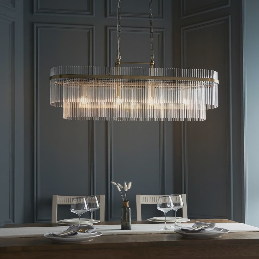 112573 Endon Marietta 4 Light Linear Pendant — Antique Brass & Clear Glass