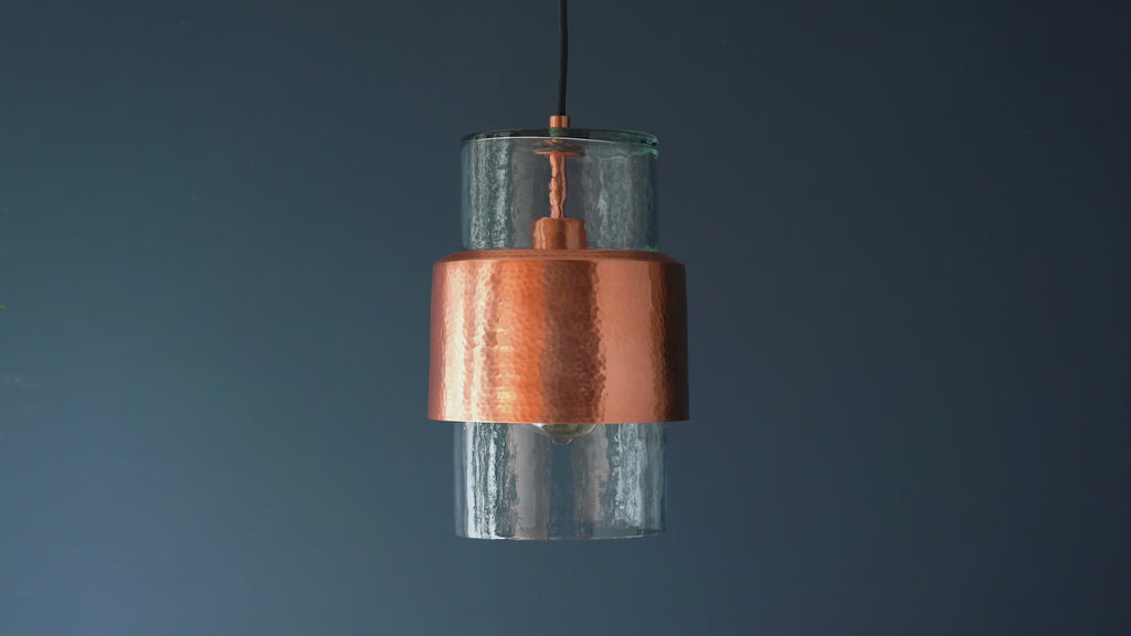 106720 Pendant 1 Light Hammered Copper Plate And Textured Clear Glass