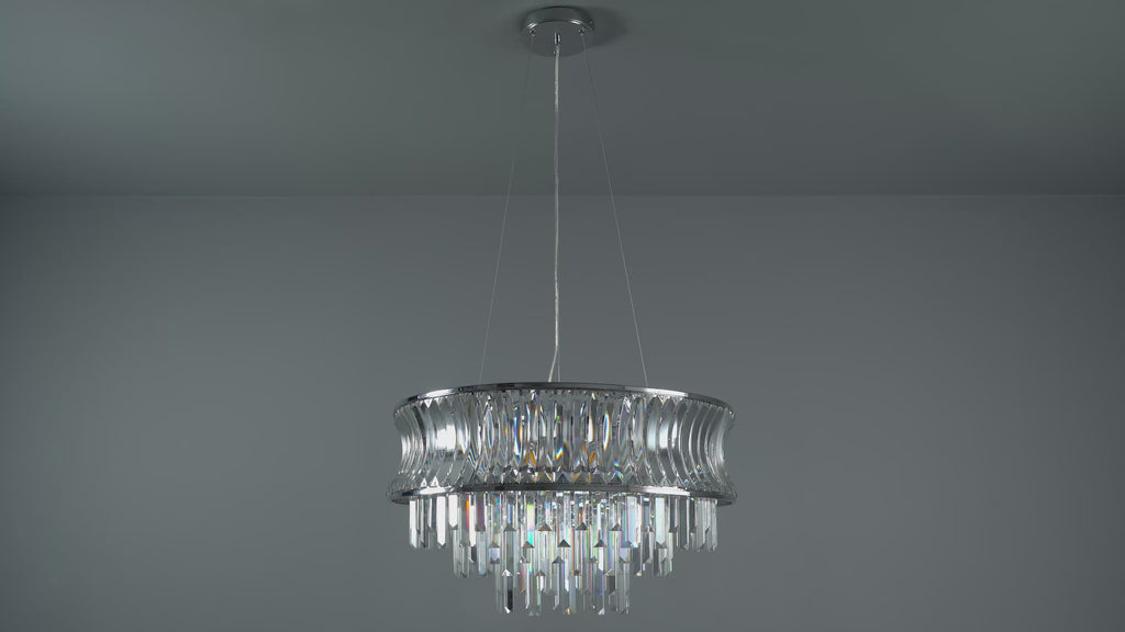 104530 Pendant 9 Light Bright Nickel Plate With Crystal And Clear Glass