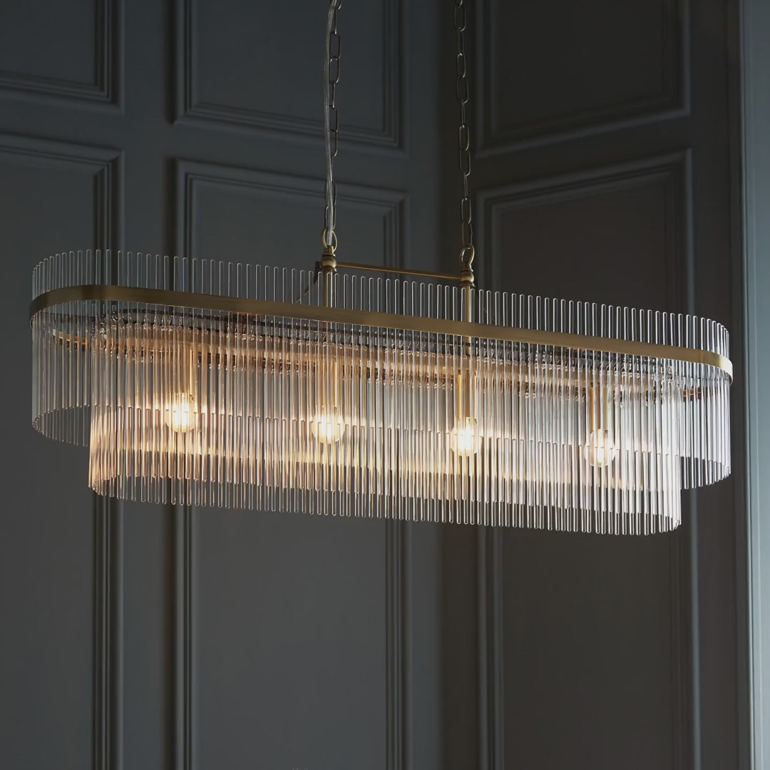 112573 Endon Marietta 4 Light Linear Pendant — Antique Brass & Clear Glass