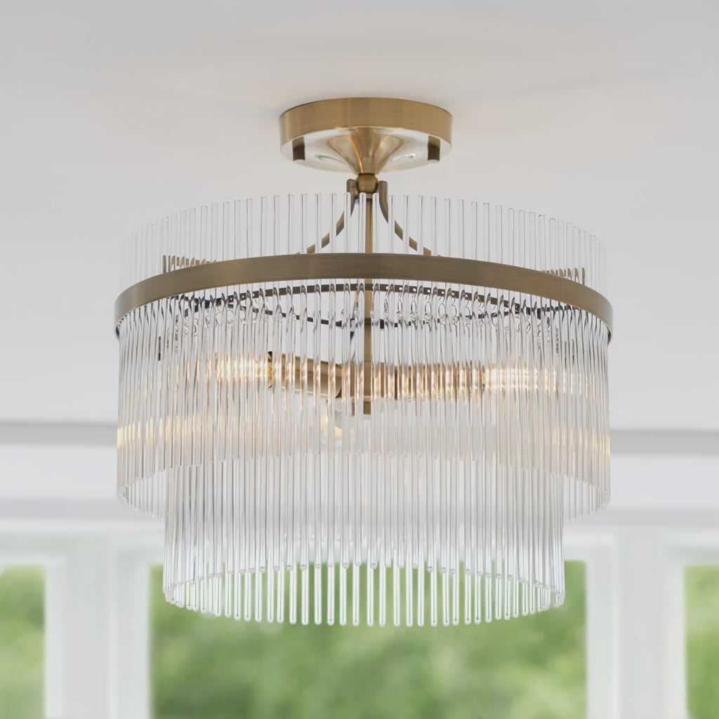 112575 Endon Marietta 3 Light Semi Flush Ceiling Light — Antique Brass & Clear Glass