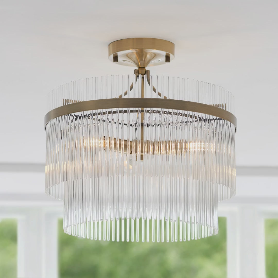 112575 Endon Marietta 3 Light Semi Flush Ceiling Light — Antique Brass & Clear Glass