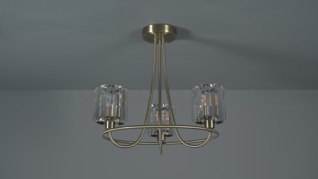 107801 Berenice 3 Light Semi Flush Antique Brass Plate And Clear Glass