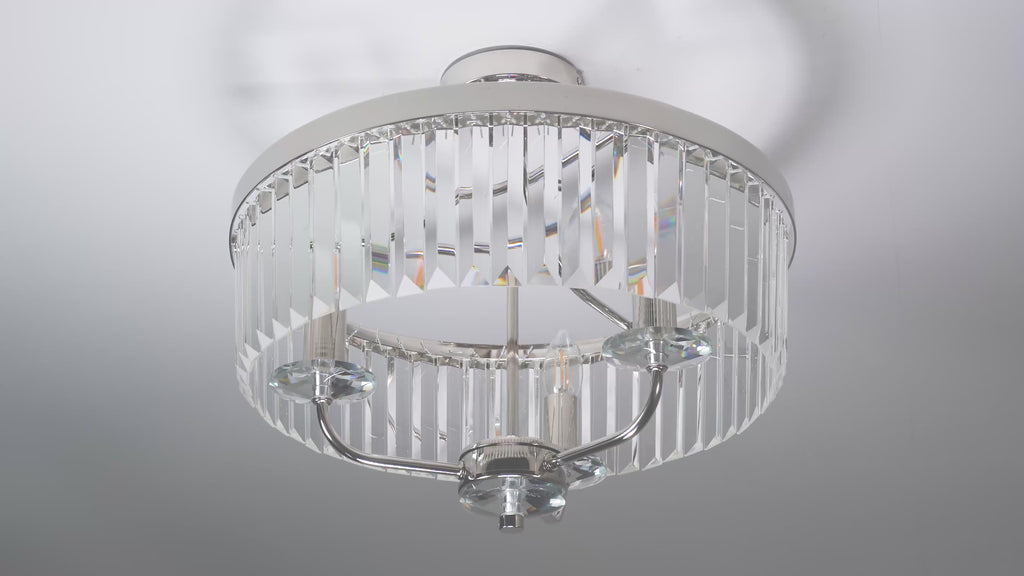 90264 3 Light Semi Flush Ceiling Light Bright Nickel Plate & Clear Cut Glass