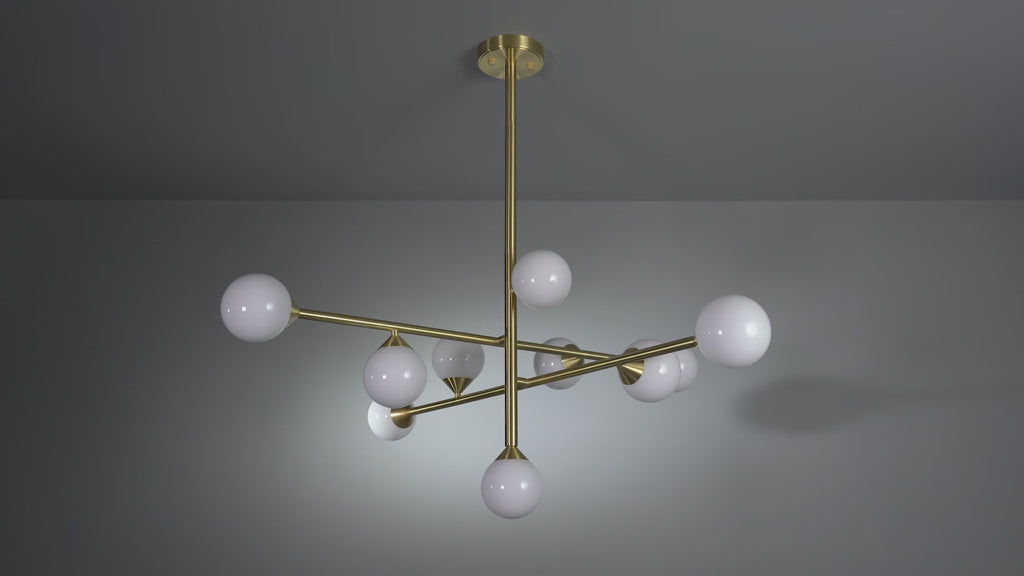 106754 10 Light Pendant Satin Brass Plate & Gloss White Glass