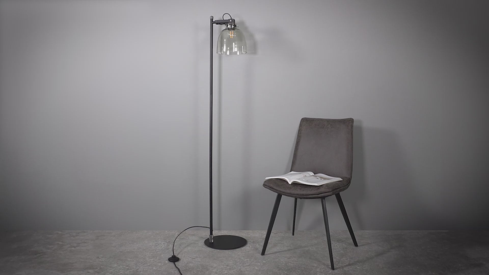 107013 1 Light Floor Lamp Smokey Grey Tinted Glass & Black Chrome Plate