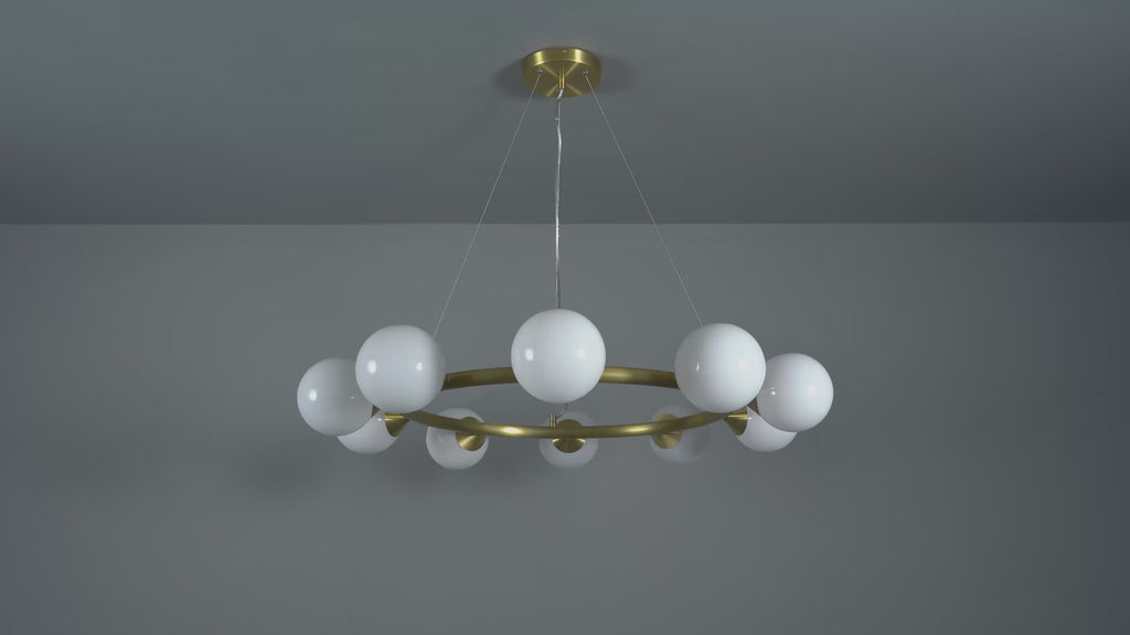 106008 Pendant 10 Light Satin Brass Plate And Gloss White Glass