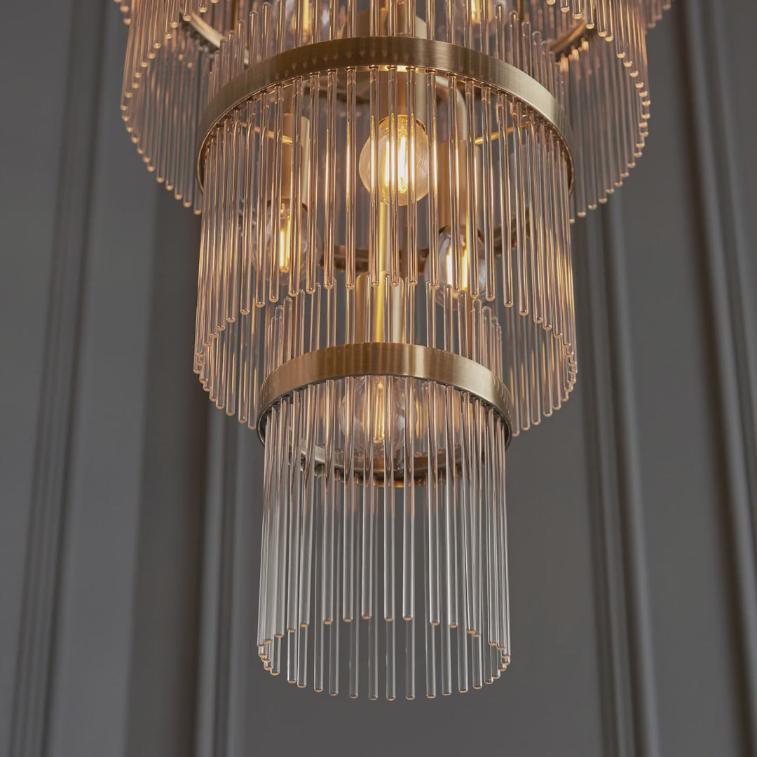 112793 Endon Marietta Grand 21 Light Tiered Pendant — Antique Brass & Clear Glass