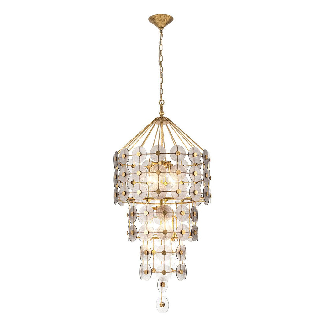QN-MERIDIAN-9P-DG Meridian 9 Light Pendant Distressed Gold / Smoked Glass