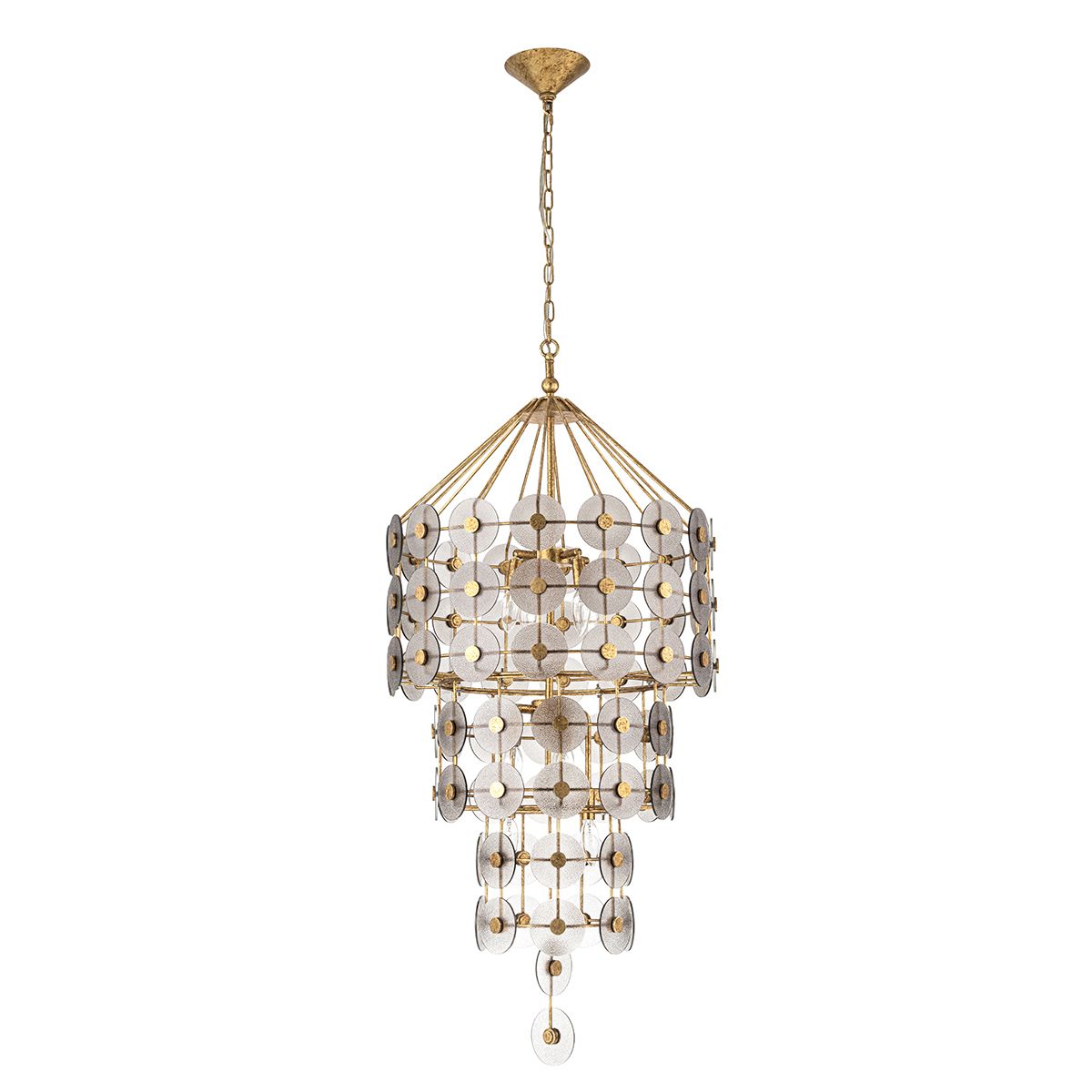 QN-MERIDIAN-9P-DG Meridian 9 Light Pendant Distressed Gold / Smoked Glass