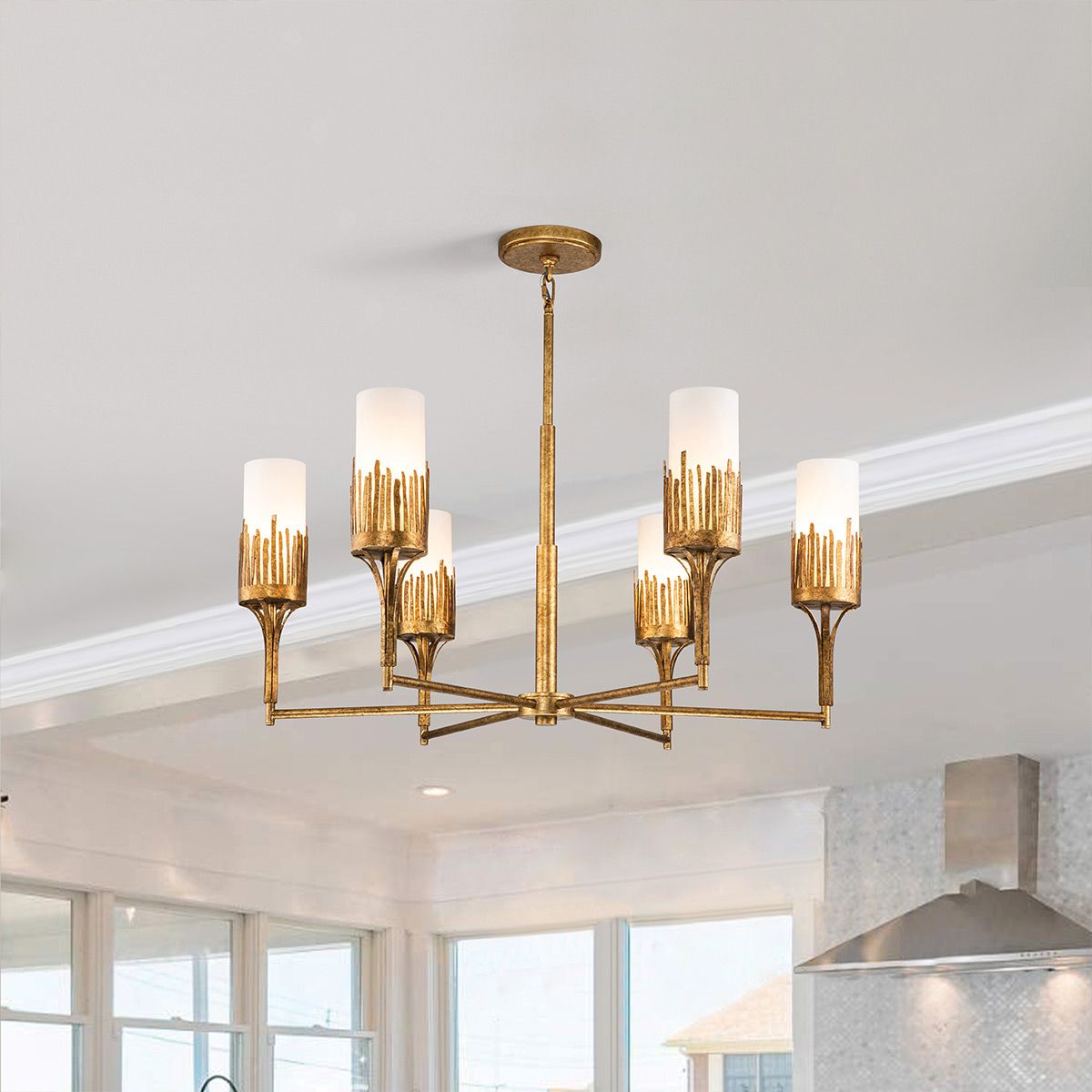 QN-SAWGRASS-6-DG-O Sawgrass 6 Light Chandelier Gold Leaf with Antique Glaze